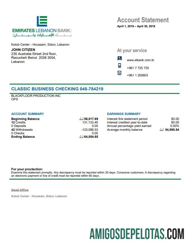 Exemplo de extrato bancário do Líbano Emirados Líbano